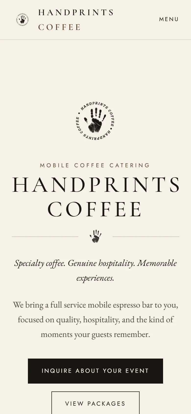 Handprints Coffee homepage on a phone